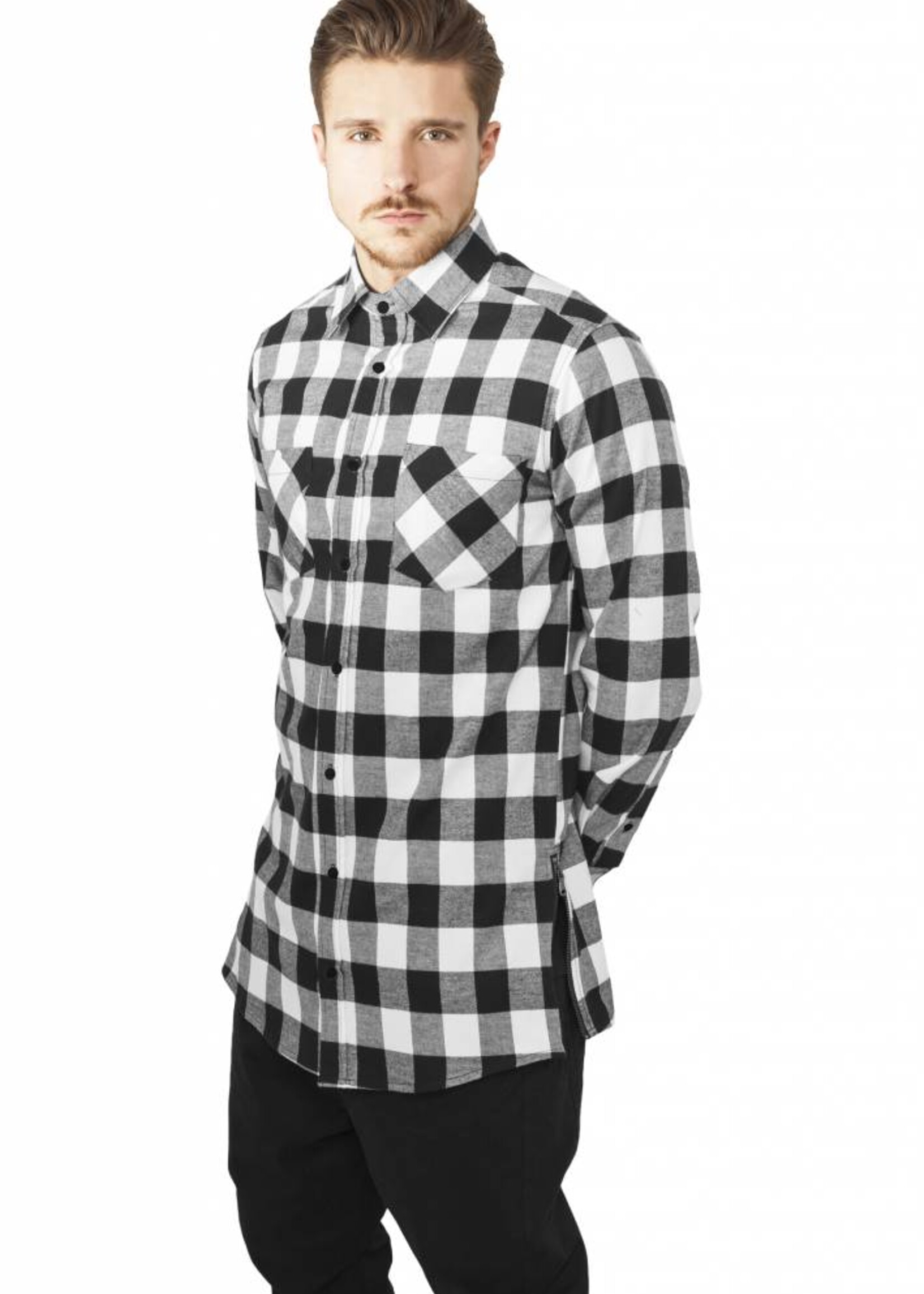 SIDE-ZIP LONG FLANNEL SHIRT BLACK / WHITE (MEN)