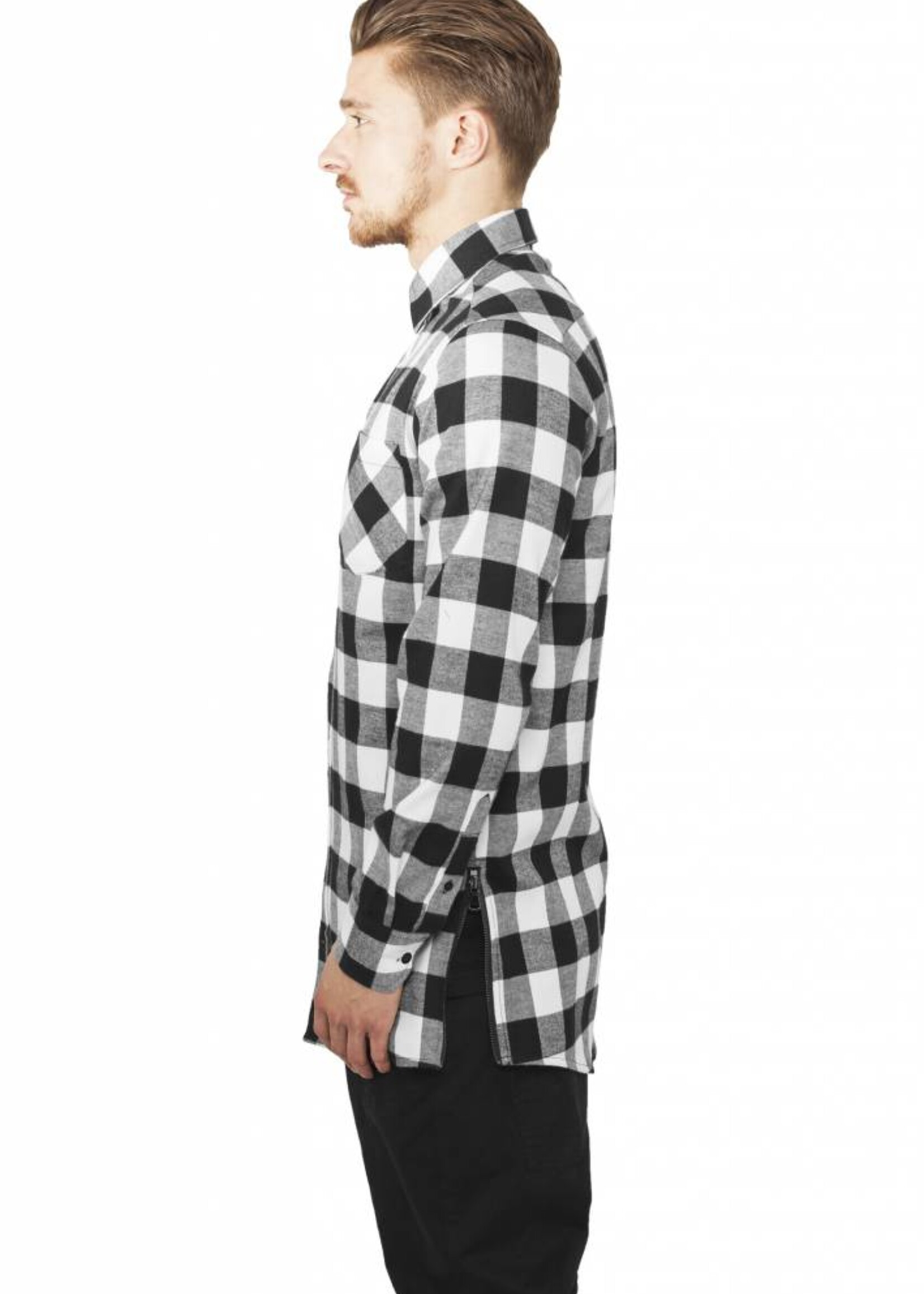 SIDE-ZIP LONG FLANNEL SHIRT BLACK / WHITE (MEN)