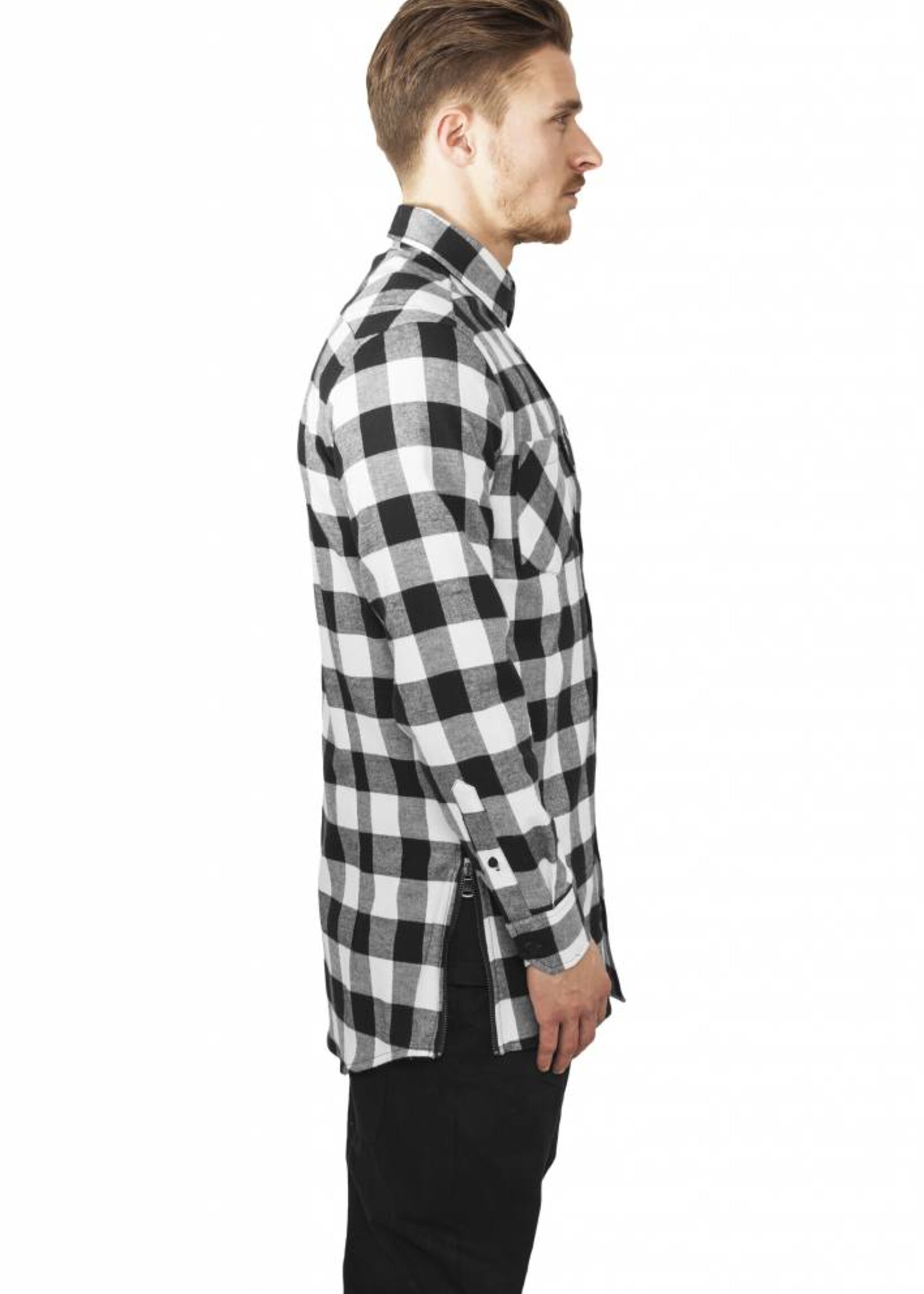 SIDE-ZIP LONG FLANNEL SHIRT BLACK / WHITE (MEN)