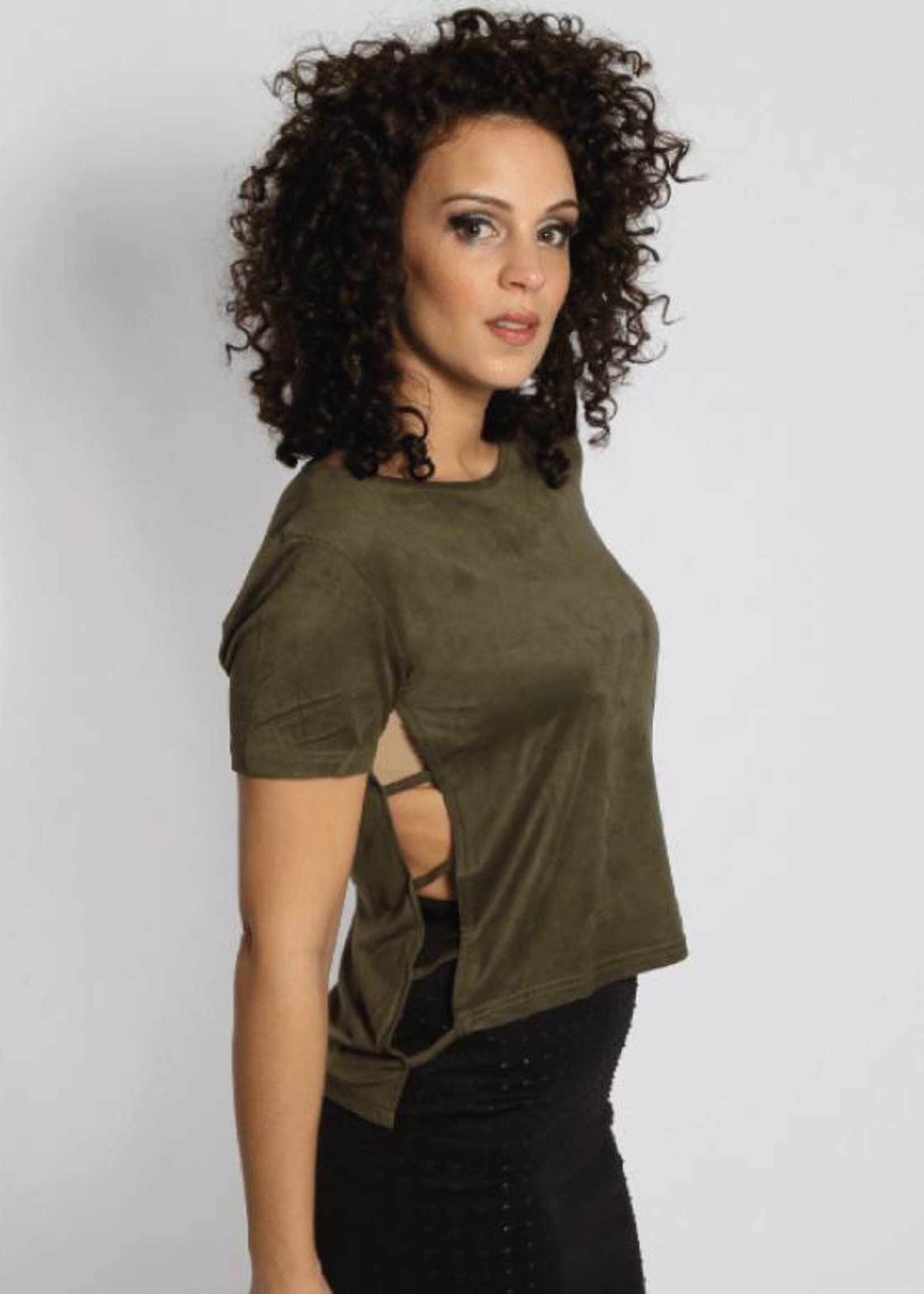 SIDE SLIT SUEDE CROP TEE ARMY