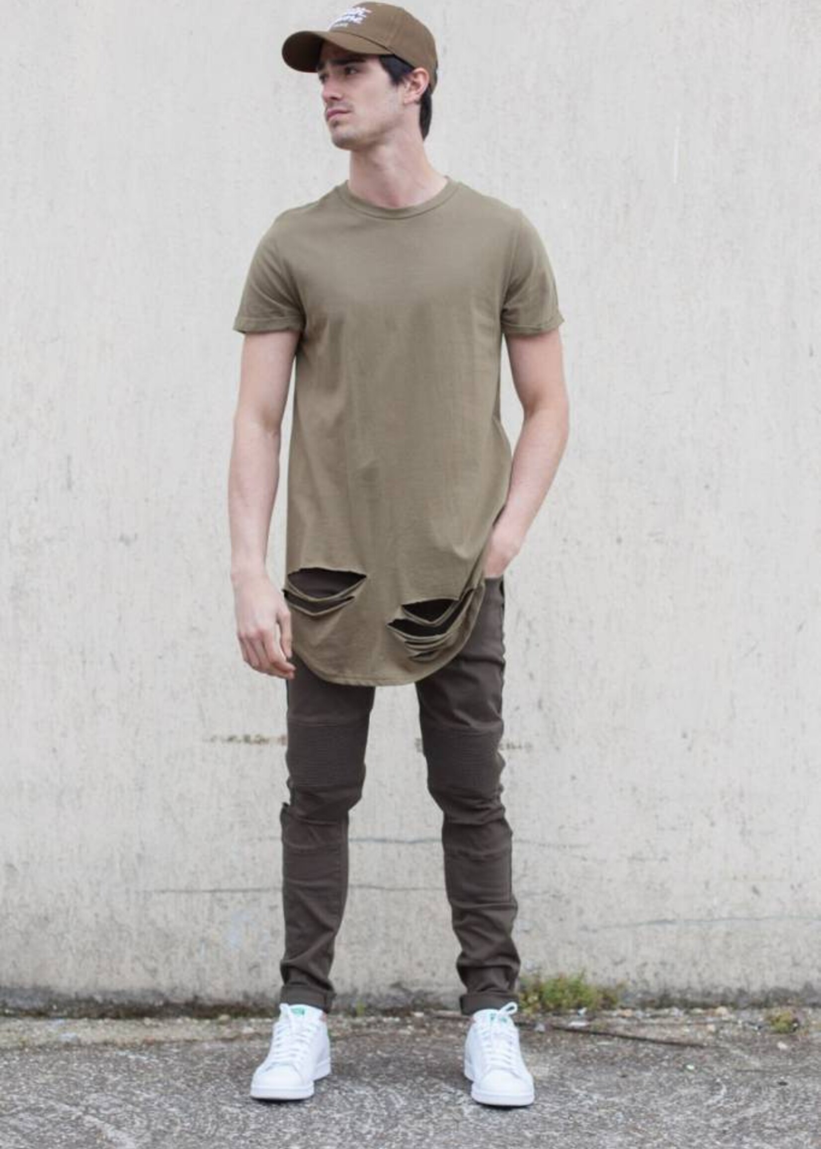 SIXTH JUNE DESTROYED LONG TEE KHAKI (MEN)