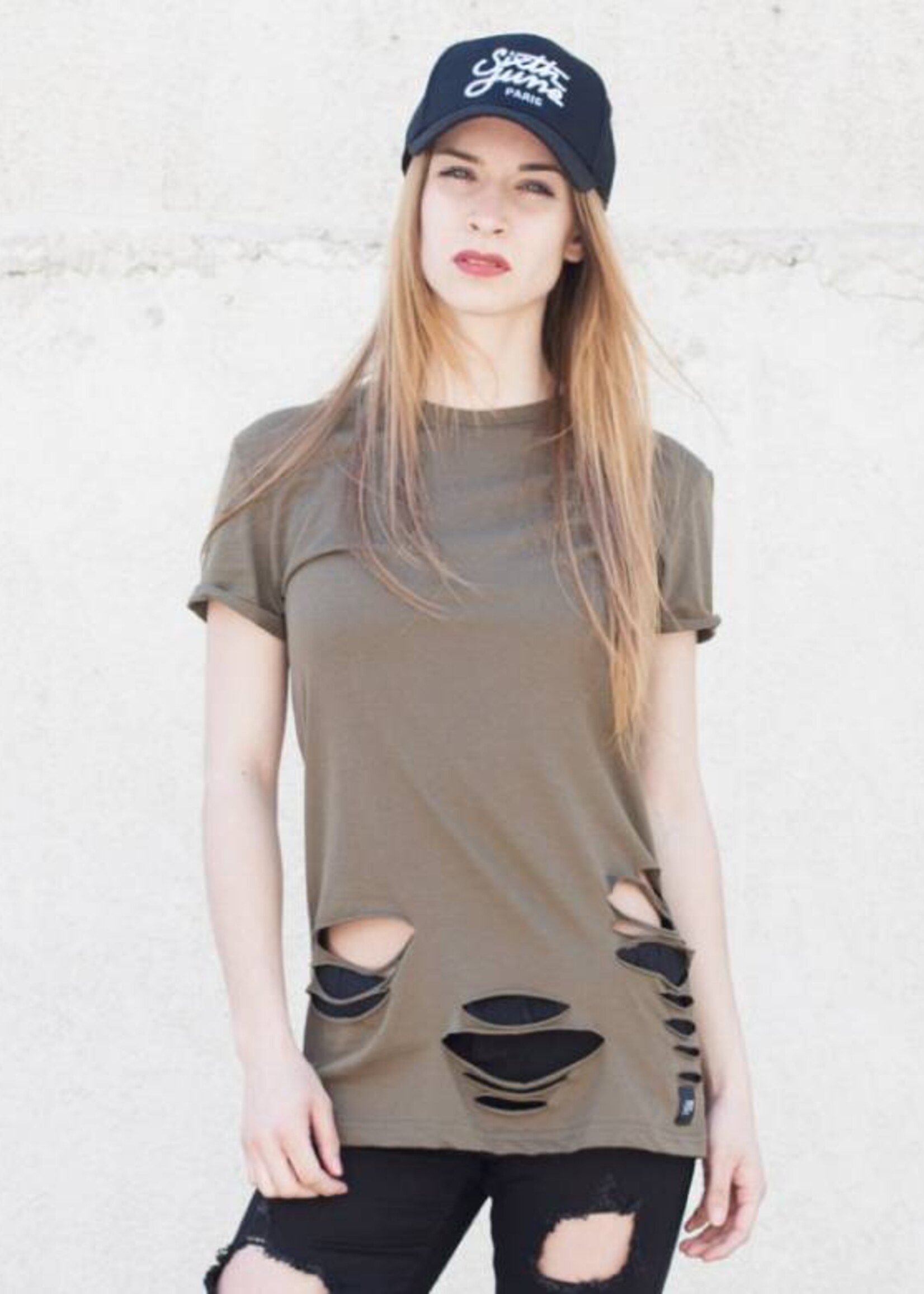 SIXTH JUNE DESTROYED TEE KHAKI (WMN)