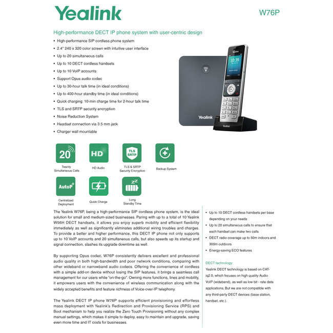 Yealink W76P DECT telefoon (Combi W56HR handset & W70B Singlecell Basisstation)