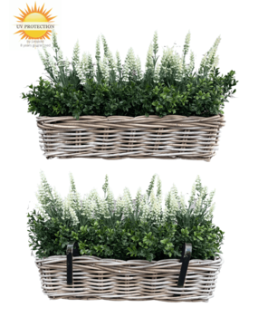 Rattan artificial planter with UV lavender 30cm and boxwood Rattan artificial planter with UV lavender 30cm and boxwood