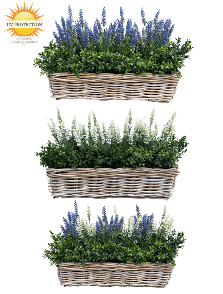 Rattan artificial planter with lavender 30cm and boxwood Rattan artificial planter with lavender 30cm and boxwood