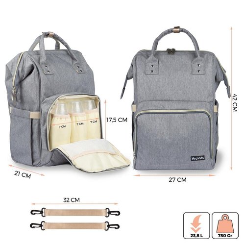 Diaper and Nursery Bag - 23.8 Liter - With Stroller and Buggy Hook - Gray