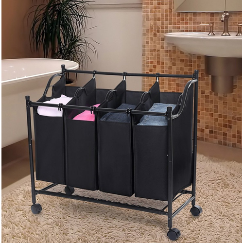 Laundry Sorter Basket On Wheels - Large Double Laundry Sorting Basket With Four Compartments - Sorting Laundry Bag - 4 Laundry Bags