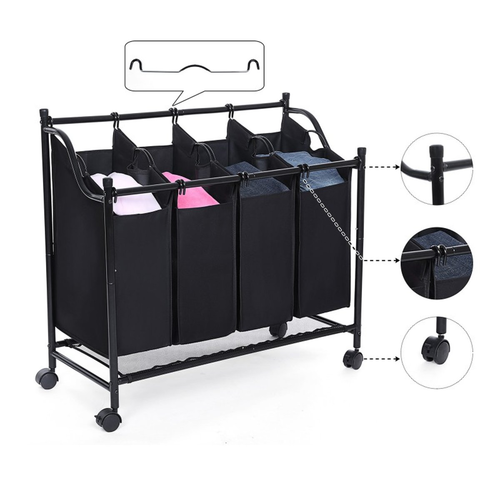 Laundry Sorter Basket On Wheels - Large Double Laundry Sorting Basket With Four Compartments - Sorting Laundry Bag - 4 Laundry Bags