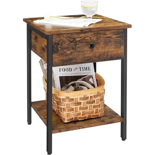 Parya Home - Wooden Nightstand - Includes Drawer and Shelf - Iron Frame - Vintage - Dark Brown