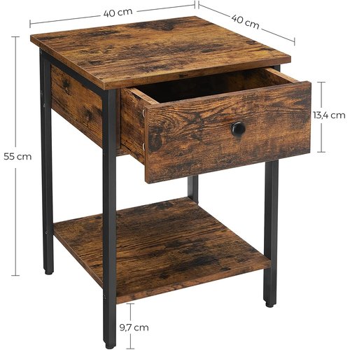 Parya Home - Wooden Nightstand - Includes Drawer and Shelf - Iron Frame - Vintage - Dark Brown