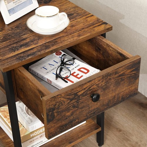 Parya Home - Wooden Nightstand - Includes Drawer and Shelf - Iron Frame - Vintage - Dark Brown