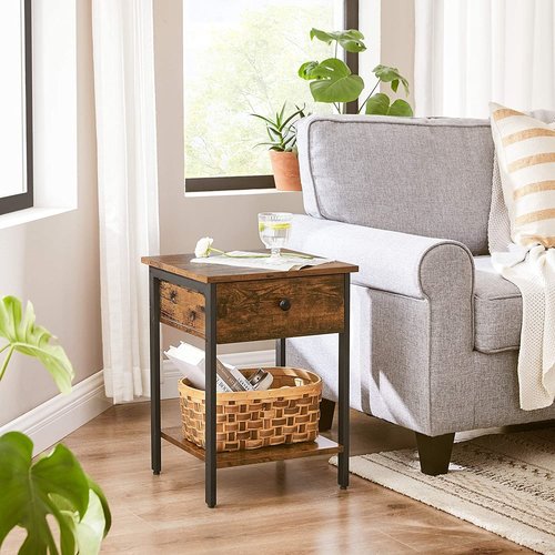 Parya Home - Wooden Nightstand - Includes Drawer and Shelf - Iron Frame - Vintage - Dark Brown