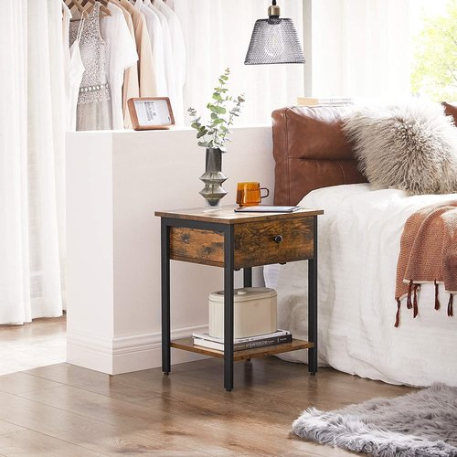 Parya Home - Wooden Nightstand - Includes Drawer and Shelf - Iron Frame - Vintage - Dark Brown