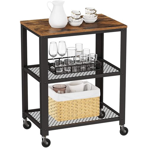 Parya Home - Serving Cart on Wheels - Includes 2 Grid Shelves - 4 Wheels - Vintage - Dark Brown