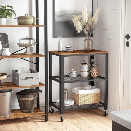 Parya Home - Serving Cart on Wheels - Includes 2 Grid Shelves - 4 Wheels - Vintage - Dark Brown