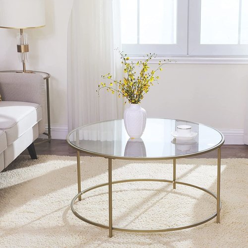Parya Home - Round Coffee Table - Glass Plate - Metal Frame - Coffee Table - Gold