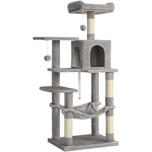 FEANDREA - cat tree - 143 cm - stable cat tree with cat house - light grey