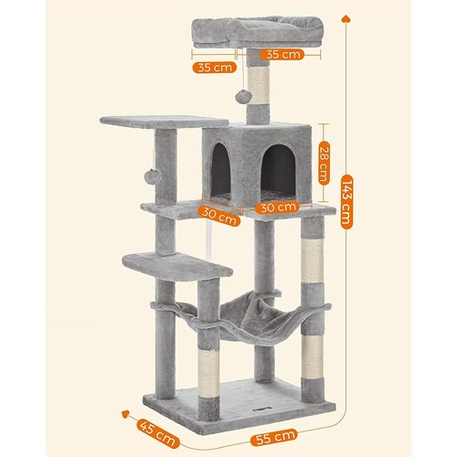 FEANDREA - cat tree - 143 cm - stable cat tree with cat house - light grey