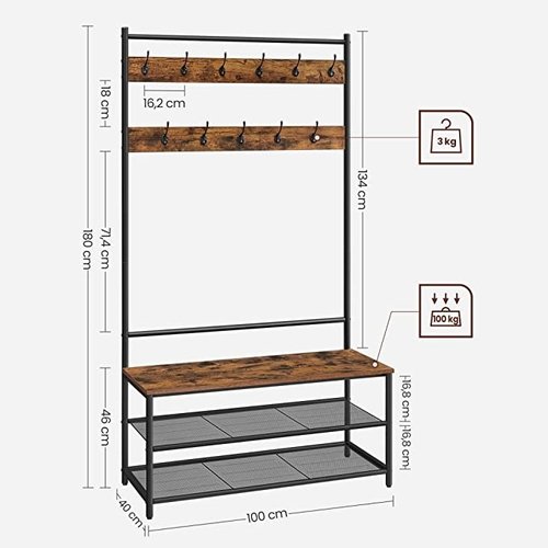 parya Parya Home - Coat rack with 9 clothes hooks and shoe rack - 97.7 x 40 x 185 cm - Dark brown