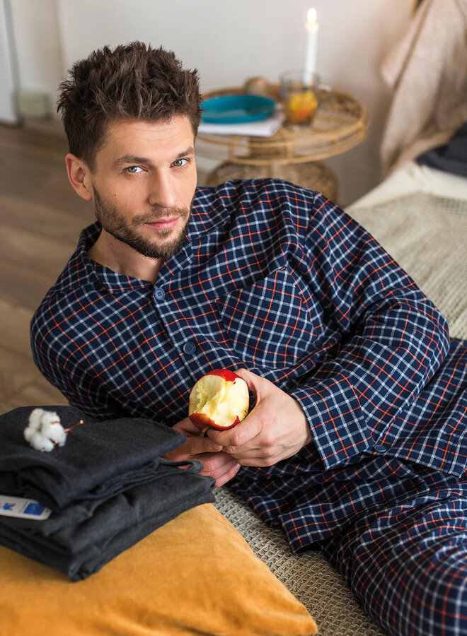 Pyjama voor heren Flanel Blauw/Oranje MNS 480
