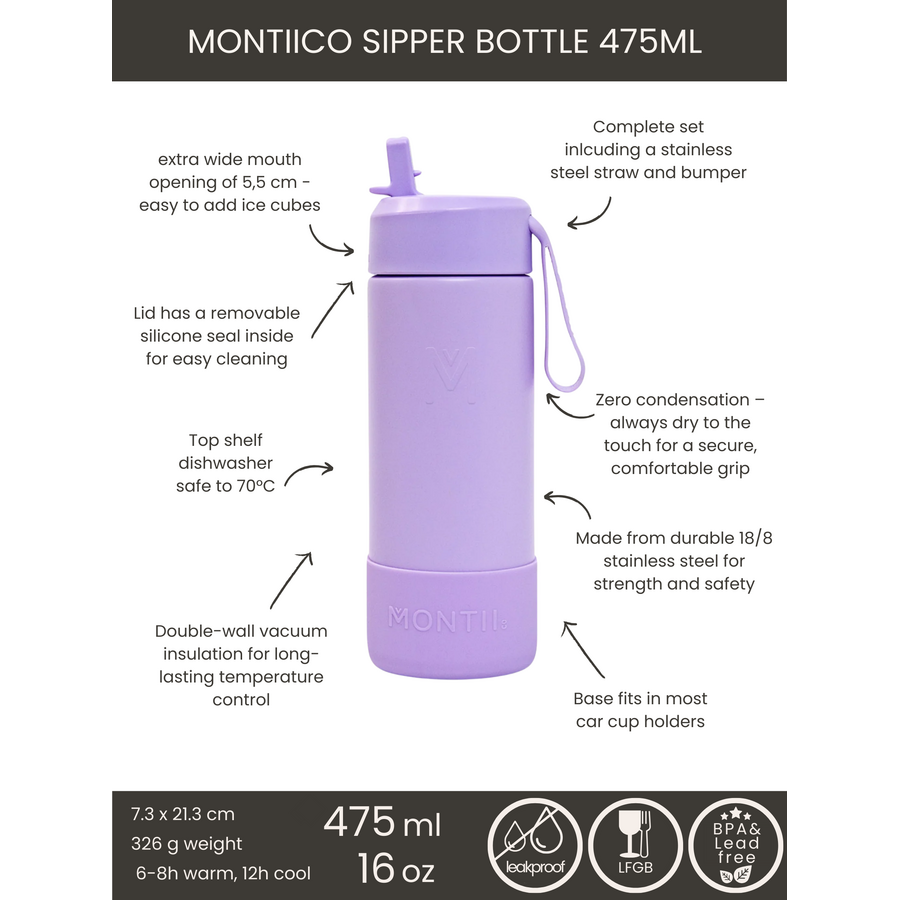 MontiiCo thermo Drinkfles Sipper - 475 ml - RVS - met draagriem, RVS rietje en bumper - Fusion range