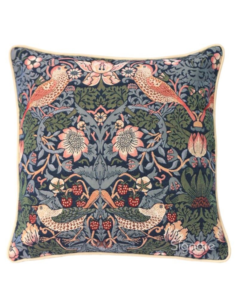 Kussenhoes Strawberry thief blauw William Morris rood 45 x 45 cm