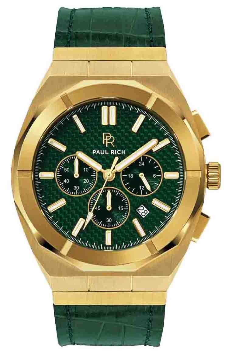 Paul Rich Motorsport Carbon Fiber Gold Green Leather MCF02-L horloge 45 mm