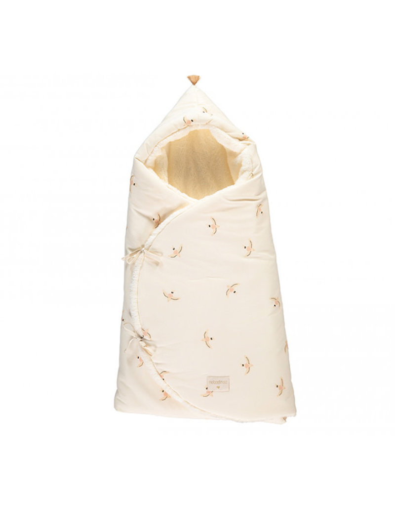 Nobodinoz Cozy 0-3M winter baby nest bag • nude haiku birds natural