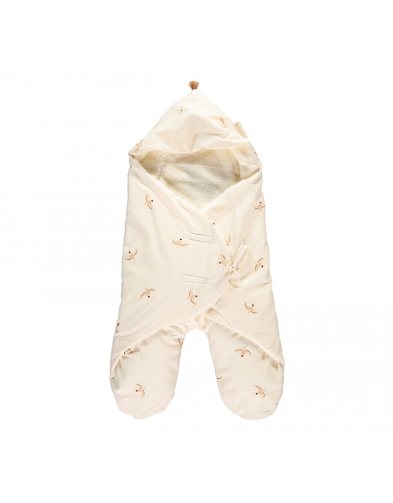 Nobodinoz Kiss Me 0-6M mid-season baby wrap • nude haiku birds natural