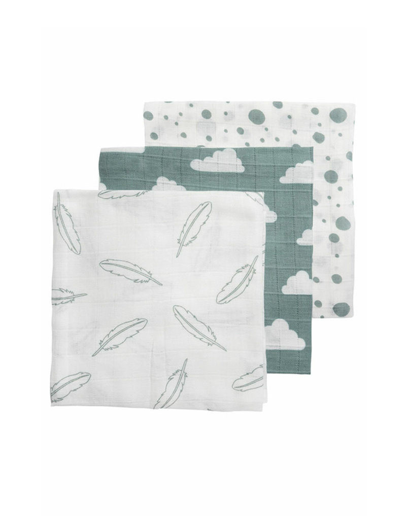 Meyco Hydrofiele Luiers 3-pack Feathers - Clouds-Dots - Stone Green/Wit - 70x70cm