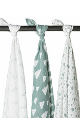 Meyco Hydrofiele swaddles 3-pack Feathers-Clouds-Dots - Stone Green/Wit - 120x120cm