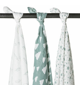 Meyco Hydrofiele swaddles 3-pack Feathers-Clouds-Dots - Stone Green/Wit - 120x120cm