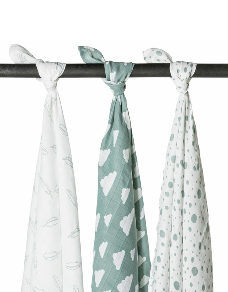 Meyco Hydrofiele swaddles 3-pack Feathers-Clouds-Dots - Stone Green/Wit - 120x120cm