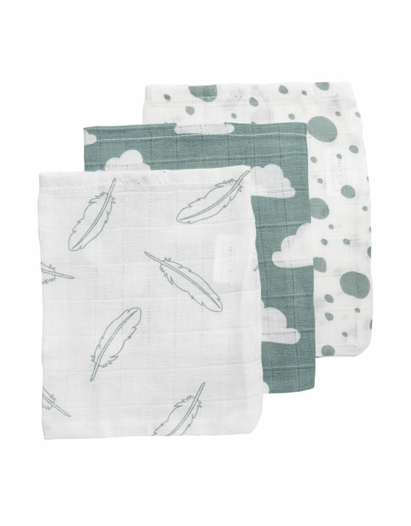 Meyco Hydrofiele Washandjes 3-pack Feathers-Clouds-Dots - Stone Green/Wit - 20x17cm