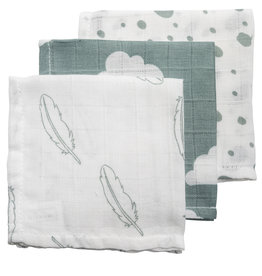 Meyco Hydrofiele Monddoekjes 3-pack Feathers-Clouds-Dots - Stone Green/Wit - 30x30cm