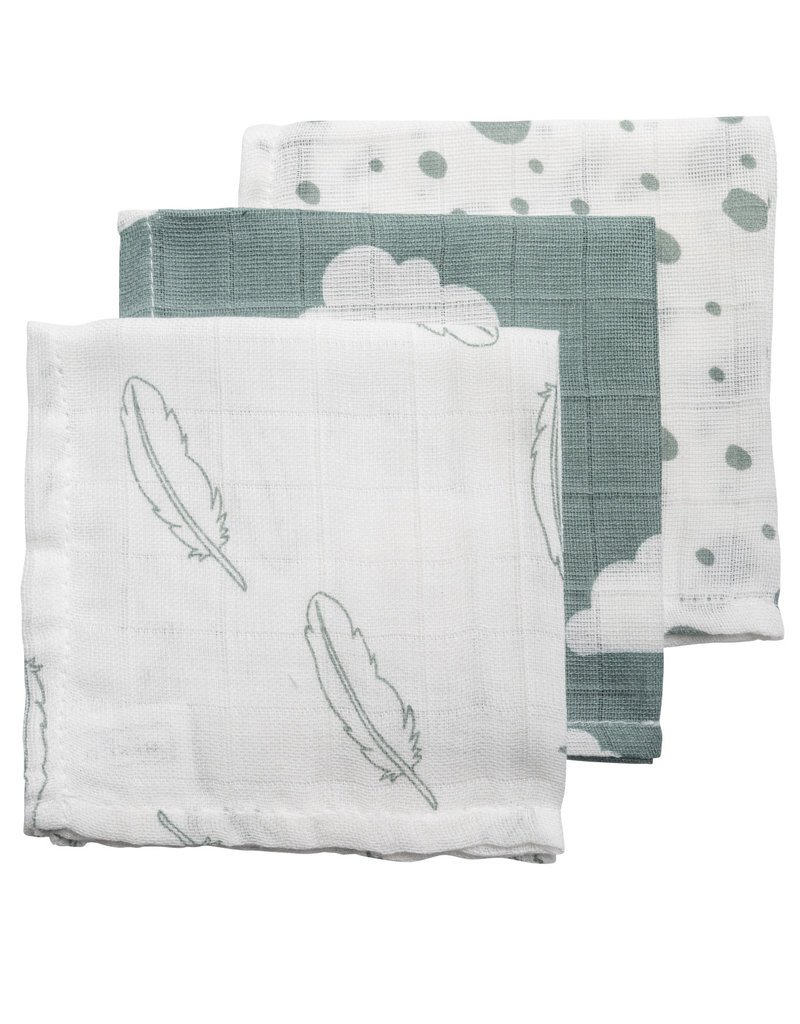 Meyco Hydrofiele Monddoekjes 3-pack Feathers-Clouds-Dots - Stone Green/Wit - 30x30cm