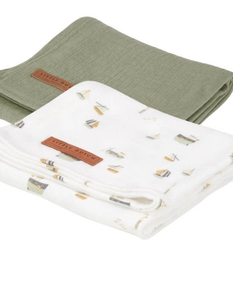 Little Dutch Swaddle doeken 70 x 70 Pure Olive / Sailors Bay White