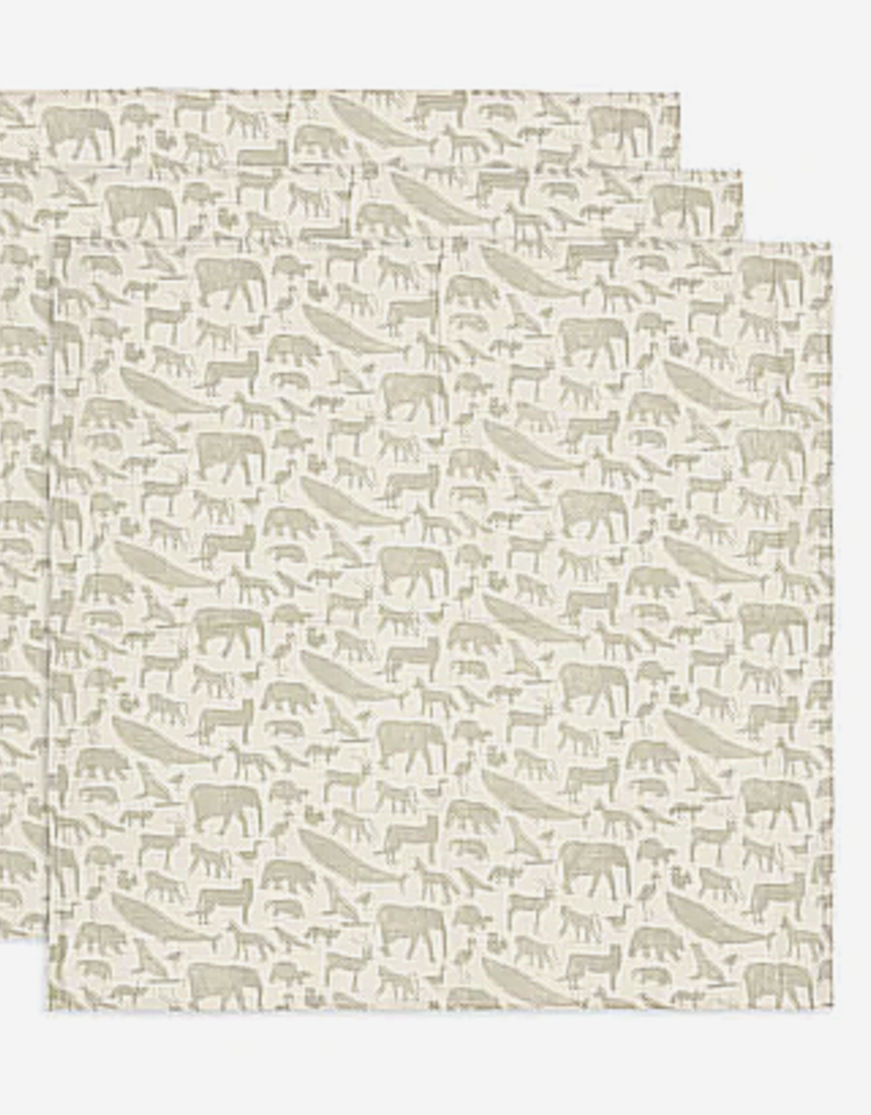 Jollein Lange Gaze de Coton Small 70x70cm Animals - Olive Green - 3 Unités