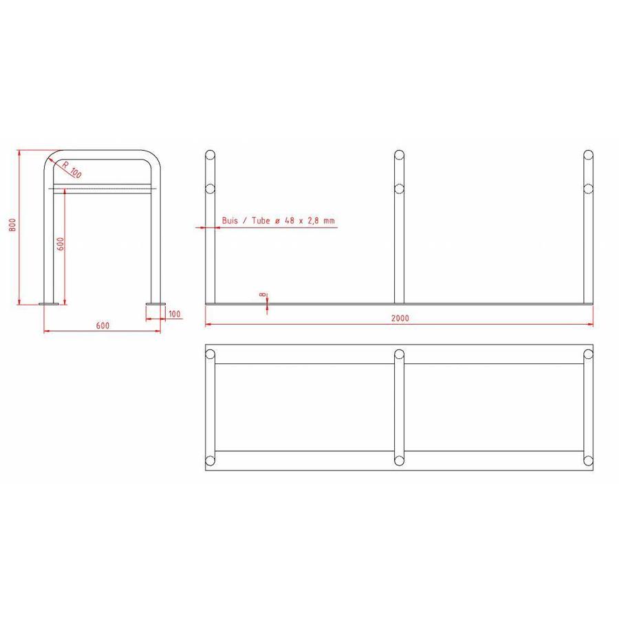 Range à vélos avec 3 arceaux 2000 x 600 x 800 mm + tube tranversal