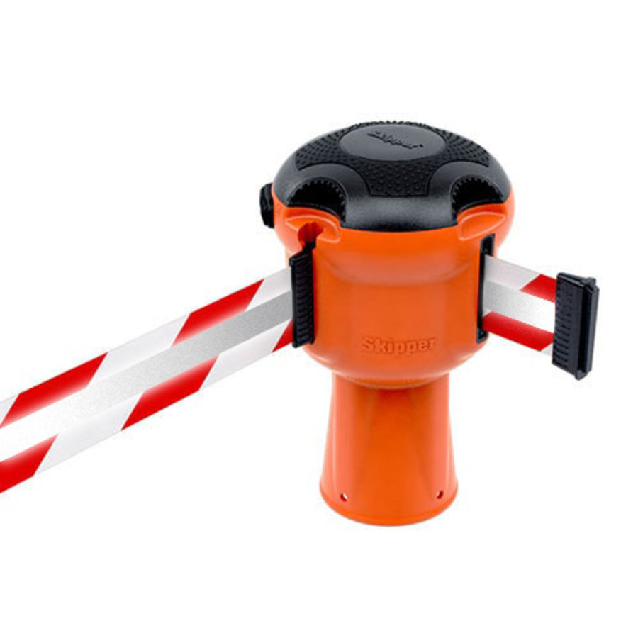 Enrouleur à sangle  SKIPPER avec 9 mètres de sangle de signalisation rouge/blanc réfléchissant
