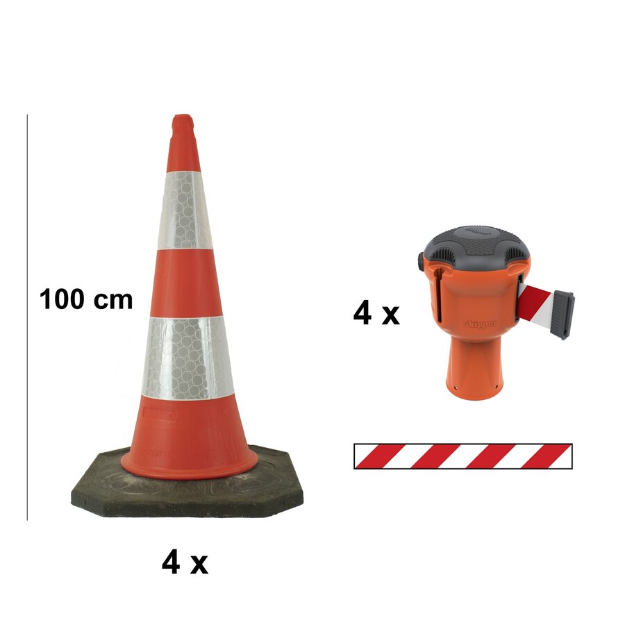 Skipper BIG kegelset 81 m2 met 100 cm Bigfoot kegels en Skipper afzetlinthouders - Rood/wit