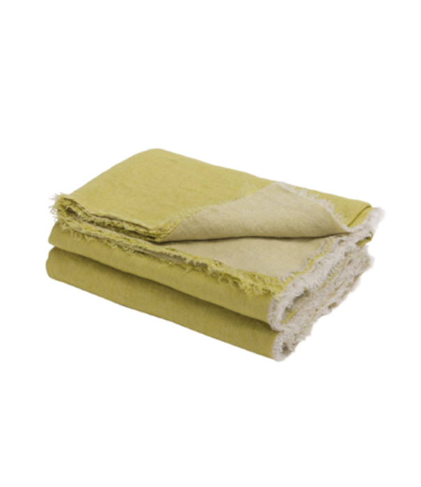 Maison de Vacances Plaid Vice Versa Frangé 140 x 250 Lin Lavé Froissé - Chartreuse / Givré