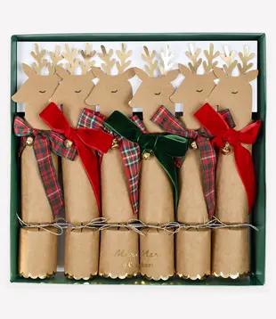 Tartan & Velvet Bow Reindeer No-Snap Crackers (x 6)
