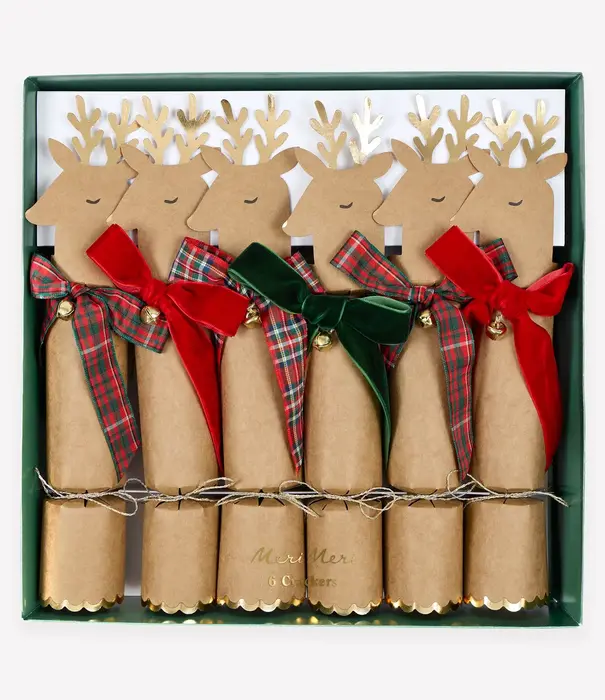 Meri Meri Tartan & Velvet Bow Reindeer No-Snap Crackers (x 6)