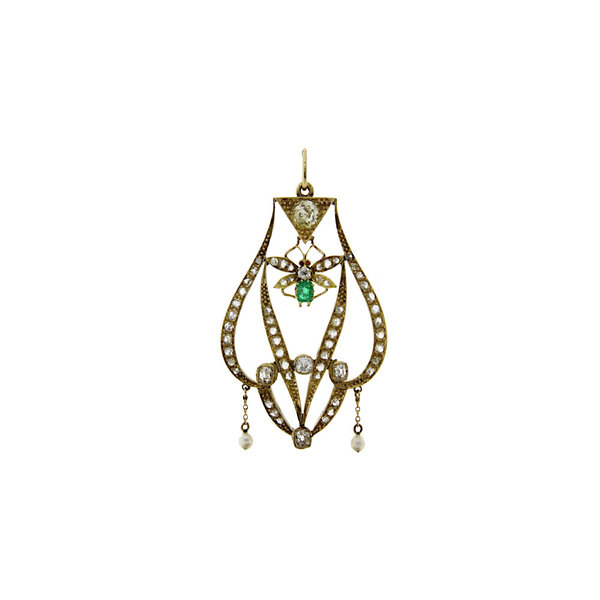 Vintage gold pendant with diamond and emerald 14 crt