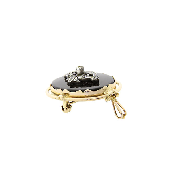 Gold pendant / brooch with onyx and diamond 14 crt / 925