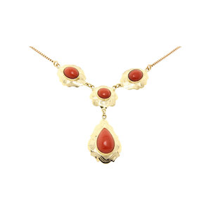 Gold necklace with red coral 14 krt