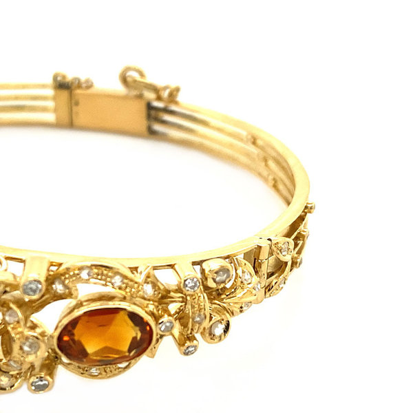 Gold bangle with citrine and diamond 14 krt
