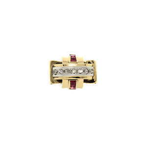 Gold ring with rose diamond and ruby 14 krt