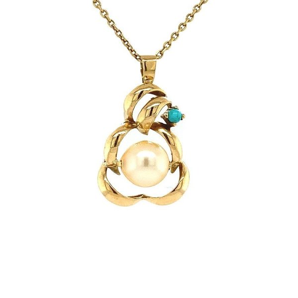Gold pendant with pearl and turquoise 14 krt